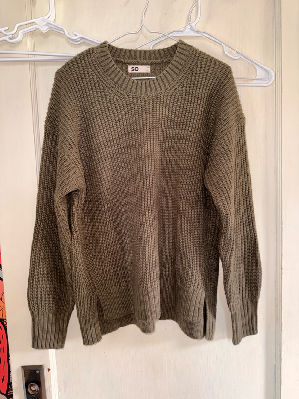 SO Olive Green Rib-Knit Crewneck Sweater